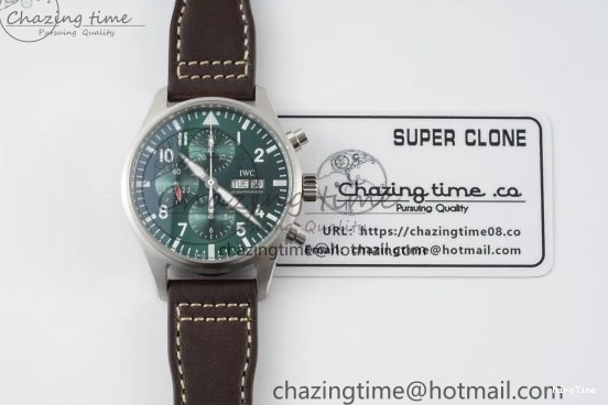 MIROTIME 0326 Bright Pilot Chrono SS AZF 1:1 Best Edition Green Dial on Brown Leather Strap A 7059